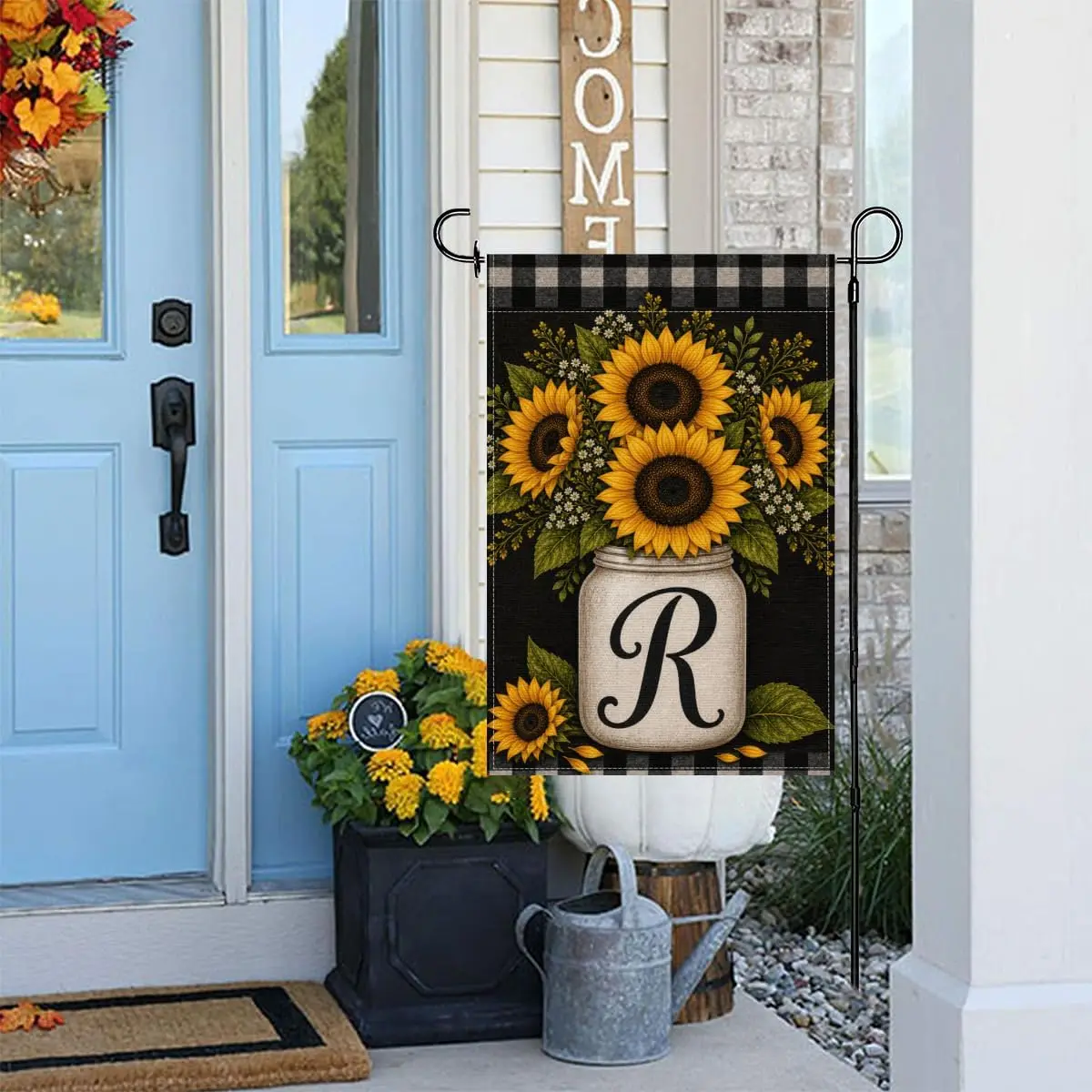 Sunflower Monogram Initial Letter R Last Name 12x18 Inch Garden Flag Linen Mason Jar Flowers Buffalo Check Farmhouse Decor uui