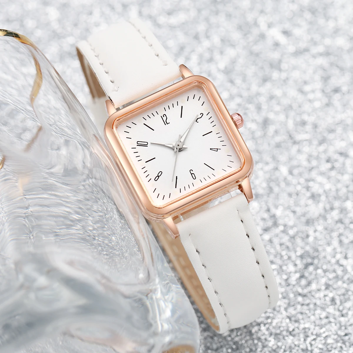 Montre à quartz carrée avec bracelet en cuir blanc pour femme, bracelet en perles, mode, ensemble de 2 pièces