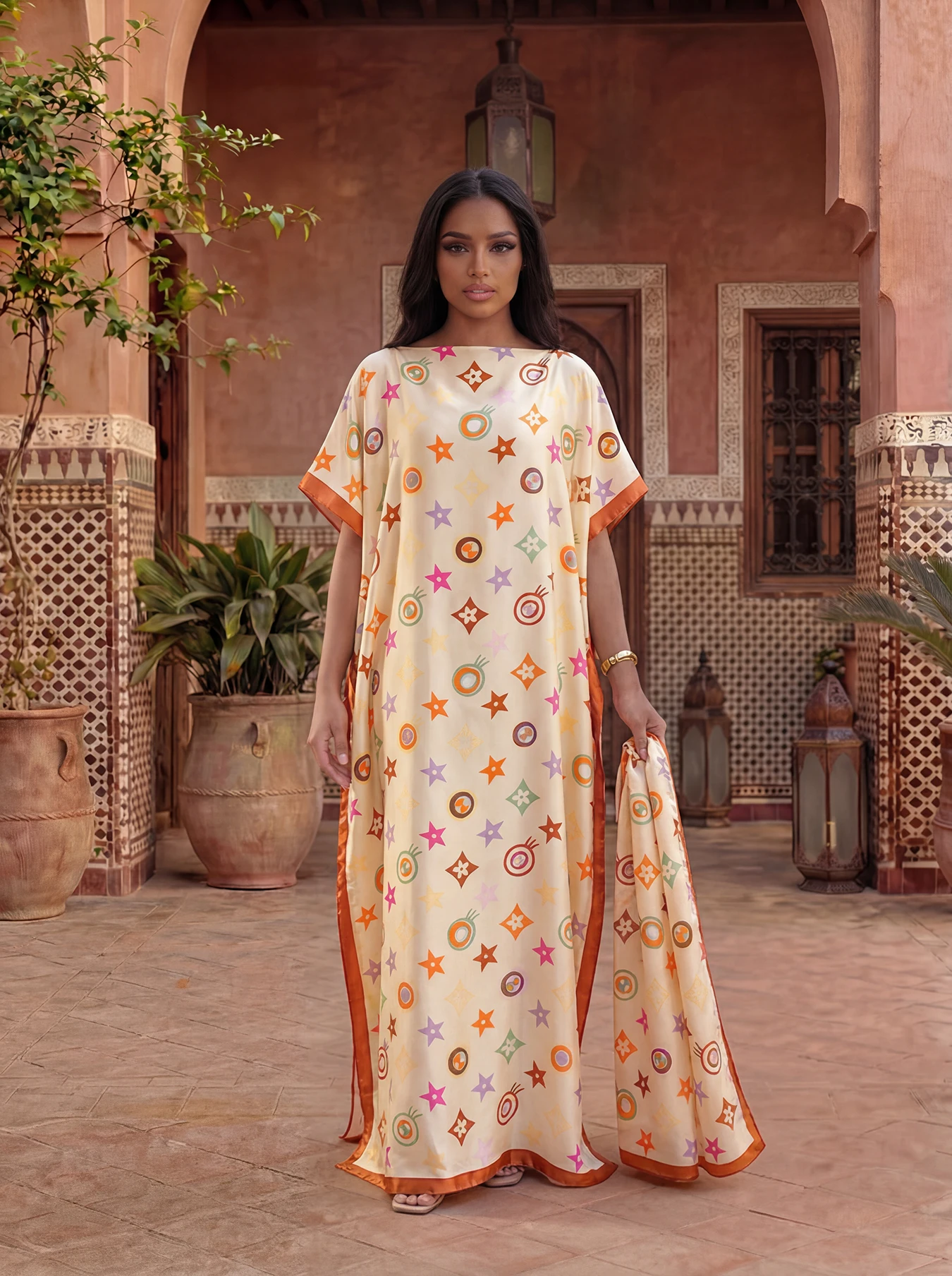 New Fashio Floral Pattern Satin Design long dress oversized Famous Brand Loose Summertime Sun protection Shawl For Lady/Women view 4