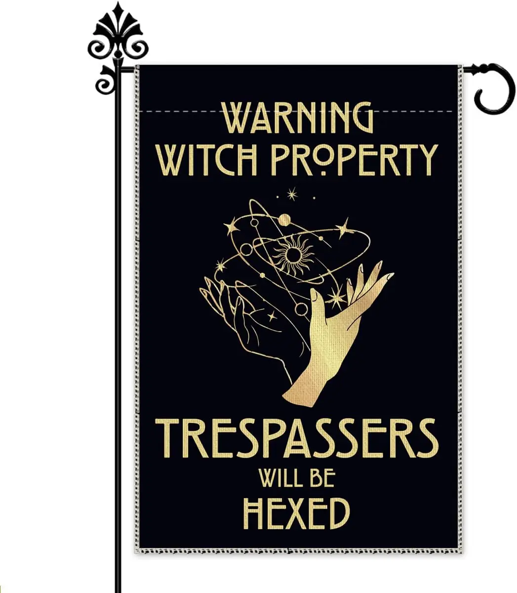 Hafhue Warning Witch Property Trespassers Will Be Hexed Garden Flag, 12 x 18 Inch Double Sided Farmhouse Holiday Yard Garden jjp