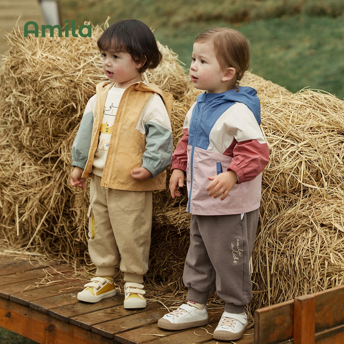 Amila Baby Jacket 2023 Spring New Fashion Patchwork Casual Hooded Outwear Infant Toddler Girls Boys Cute Brand Children Clothes