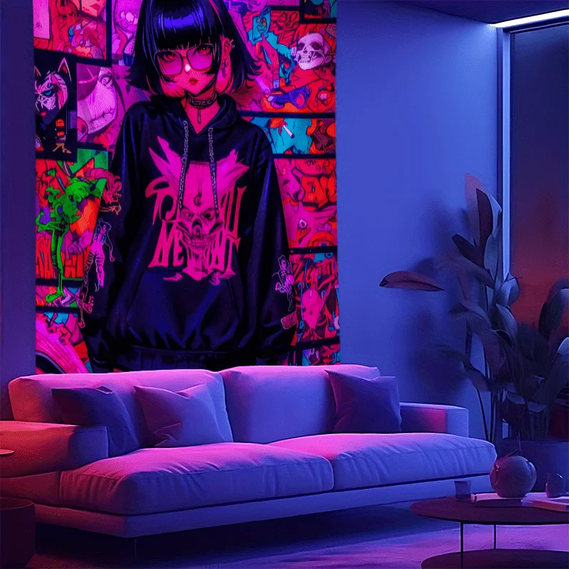 VIKAMA Purple Pink Neon Manga Dark Hot Girl Subculture Tapestry, Y2K Wall Hanging for Bedroom Fabric Decor