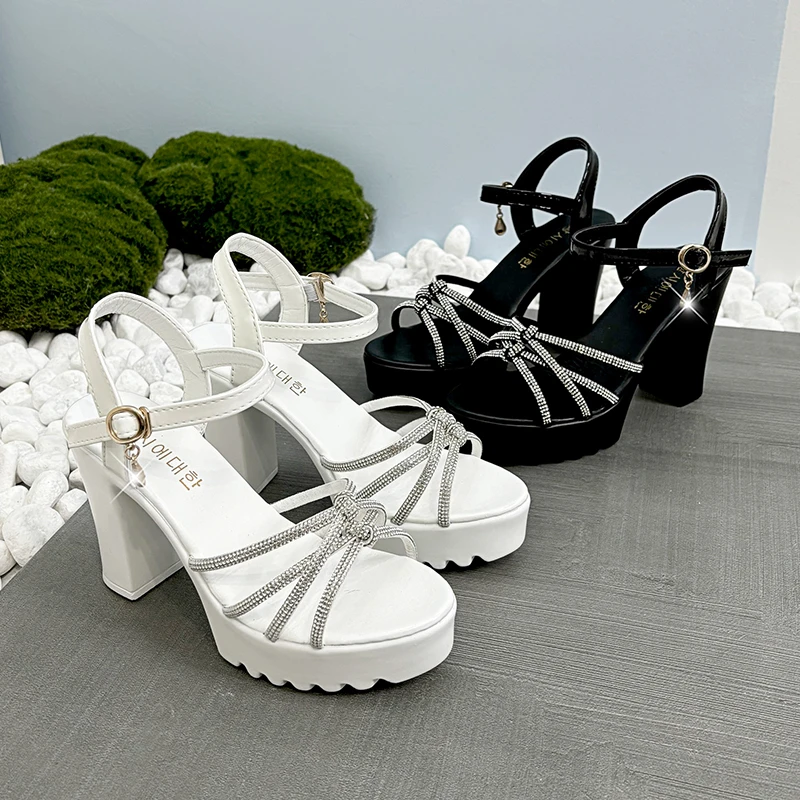 

High Heel Sandals Women Block Heel Platform New Sandals Comfortable Premium Versatile Summer Slender Strap Rhinestone Sandals