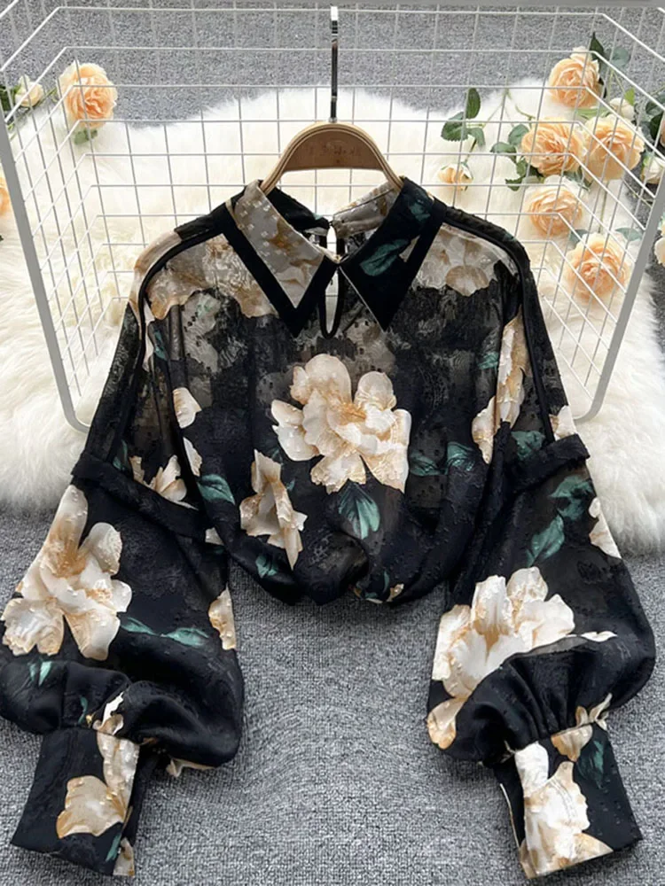 Wiosna jesień koszule z bufiastymi rękawami bluzka damska kwiatowy z długim rękawem guziki z klapami koszule w stylu vintage eleganckie bluzki topy kobiece GD631