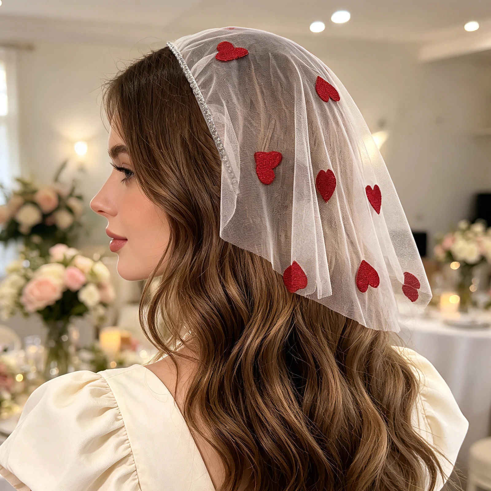 Short Red Heart Veil Headband, Wrapping Tulle Headpiece, Bridesmaid Accessory for Valentine's Day and Bachelorette Party SA264