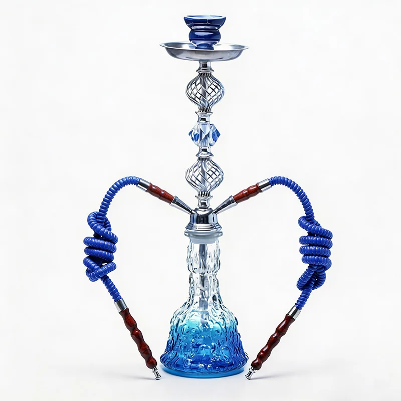 Hookah Shisha Full Set 2‑Hose Luxury Carved Metal Stem Embossed Glass Vase Complete Smoking Kit For Home Party Bar