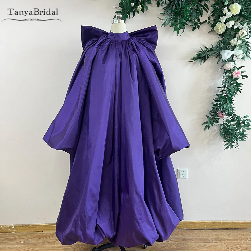 كيب زفاف من التفتا الأرجواني بأكمام طويلة، سترة منتفخة لحفلات الزفاف، معطف سهرة نسائي مع فيونكة خلفية أنيقة DJ519