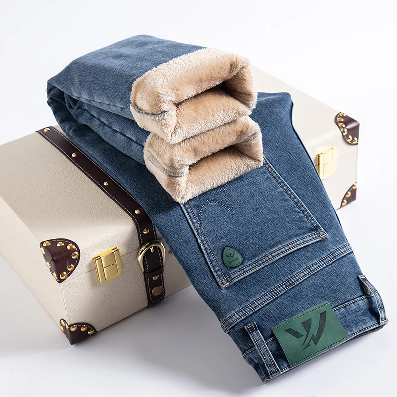 Winter New High Quality Super Thick Fleece Warm Men's Fitted Straight Jeans Business Casual Classic Badge Cotton Stretch Pants