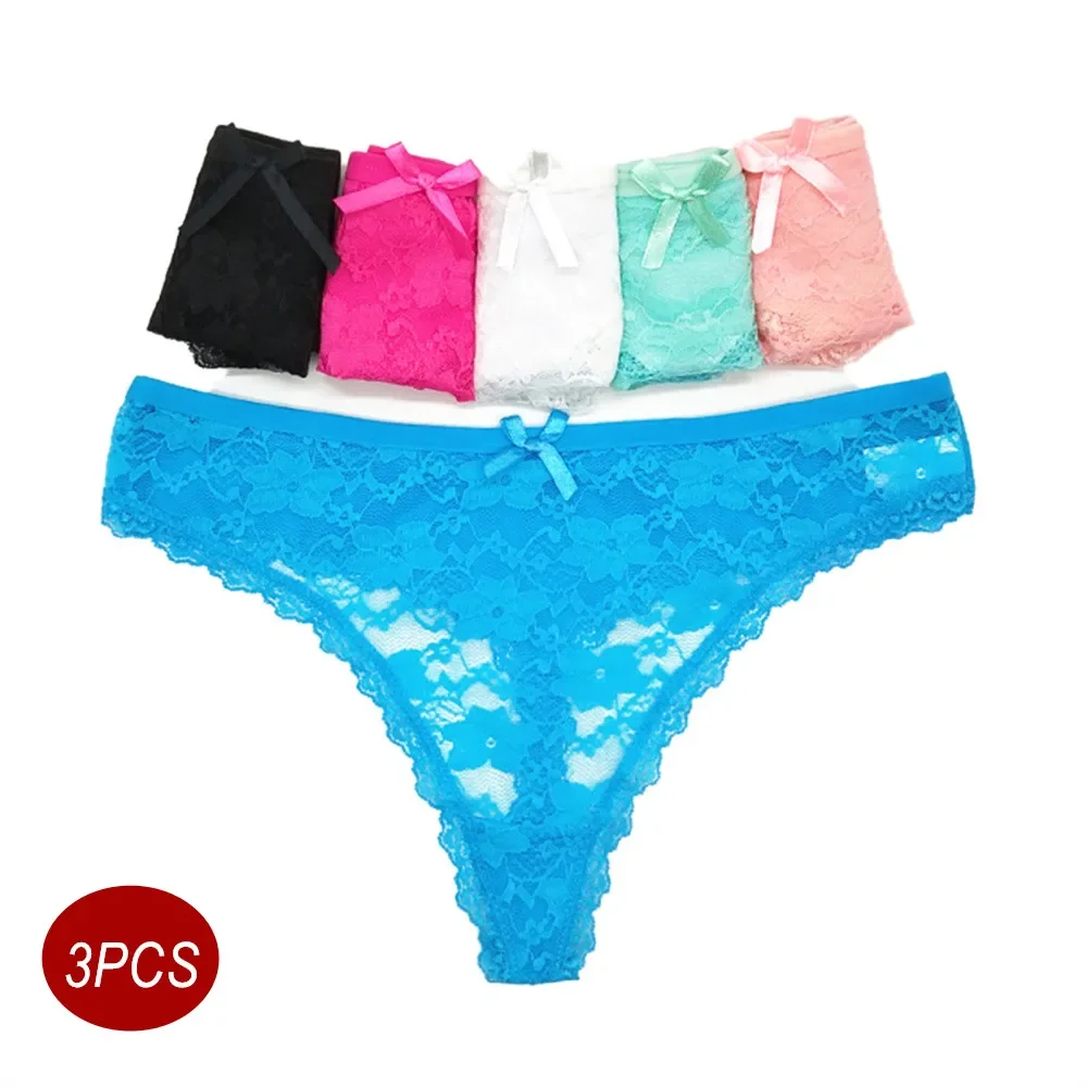 S M L XL XXL Plus Size Sexy Cozy Lace Cotton Thongs Underwear Lingerie for Women Seamless T-back Ladies Transparent G-string 3PC