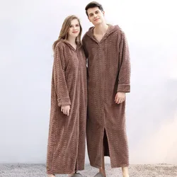 Zipper Home Dressing Gown Warm Hooded Peignoirs Flannel Bathrobe Women Winter Sleepwear Long Nightwear Couple Men Bath Gown