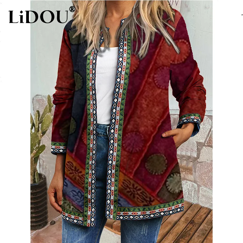 Y2K Spring Autumn Vintage Ethnic Style Cardigan Long Sleeve Printed Jackets Loose Outerwear Ladies Coat Harajuku Tops Women