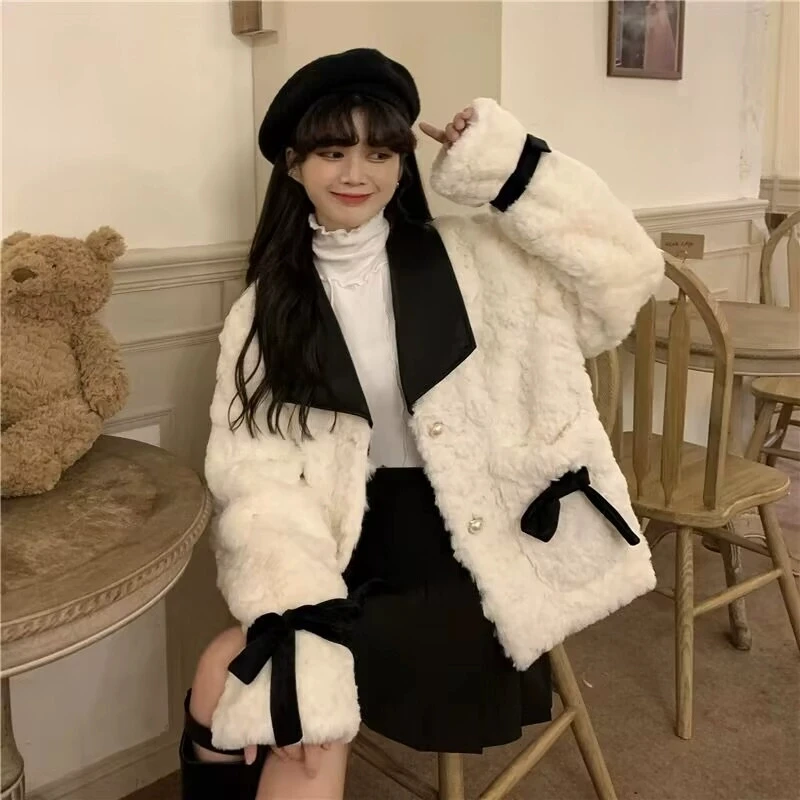 Suit collar plush coat female 2024 new winter Short Jacket plus velvet padded white Clothing Top lamb wool cotton Casual Outwear