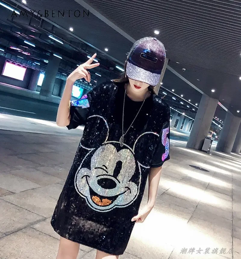 Summer New Fashion Cartoon Sequins Short Sleeve T-shirt Dress Ladies Loose Casual Mid-Length T-shirt Dress For Women