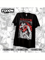 Princesa Mononoke Anime Graphic T-Shirt for Adults - Black Cotton Tee with Red & White Wolf & Character Art, Bohemian Style Roun
