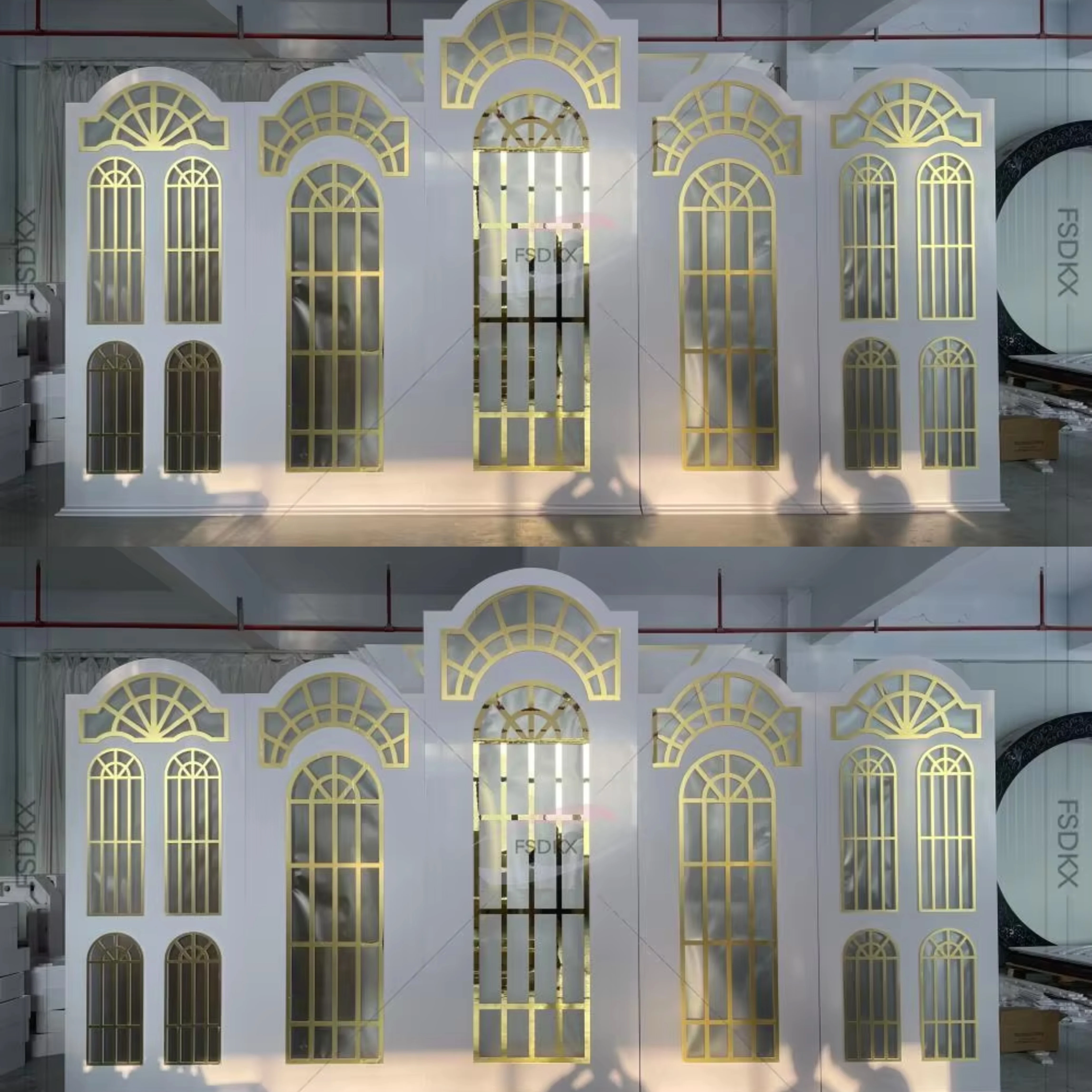 

Factory Price White Pvc Golden Acrylic Panel Wedding Stage Backdrop Wall Ceremony Arch Backdrop Elegant Backdrop For Events