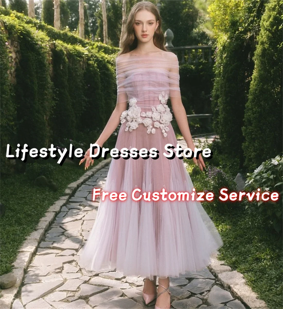 

Off Shoulder Tulle Evening Dress 2024 Elegant 3D Flowers Ankle-Length Sleeveless Formal Party Dress Wedding Prom Gown