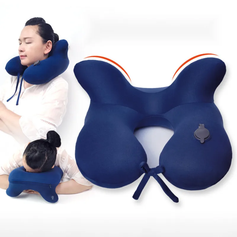 2 in 1 Travel Neck Pillow with Portable Press Inflatable U Shape Head Support Airplane Neck Protection with Storage Bag