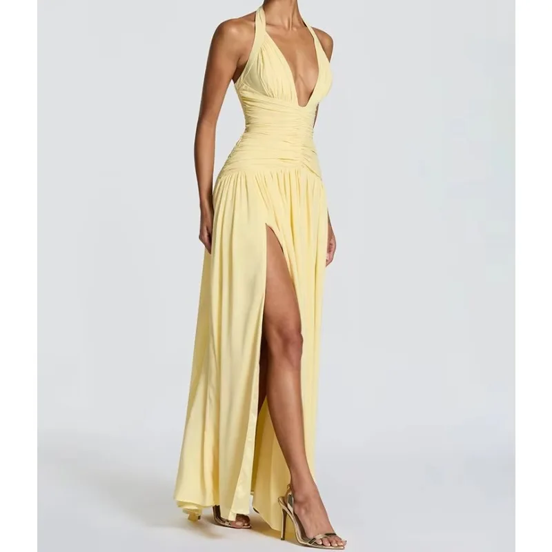 Women Deep V Neck Sleeveless High Split Pleated Maxi Dress Party