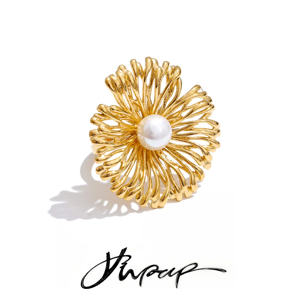 Yhpup Trendy Stainless Steel Pearl Flower Adjustable Ring Gold & Platinum Plated Stylish Unique Finger Jewelry Accessories Gift