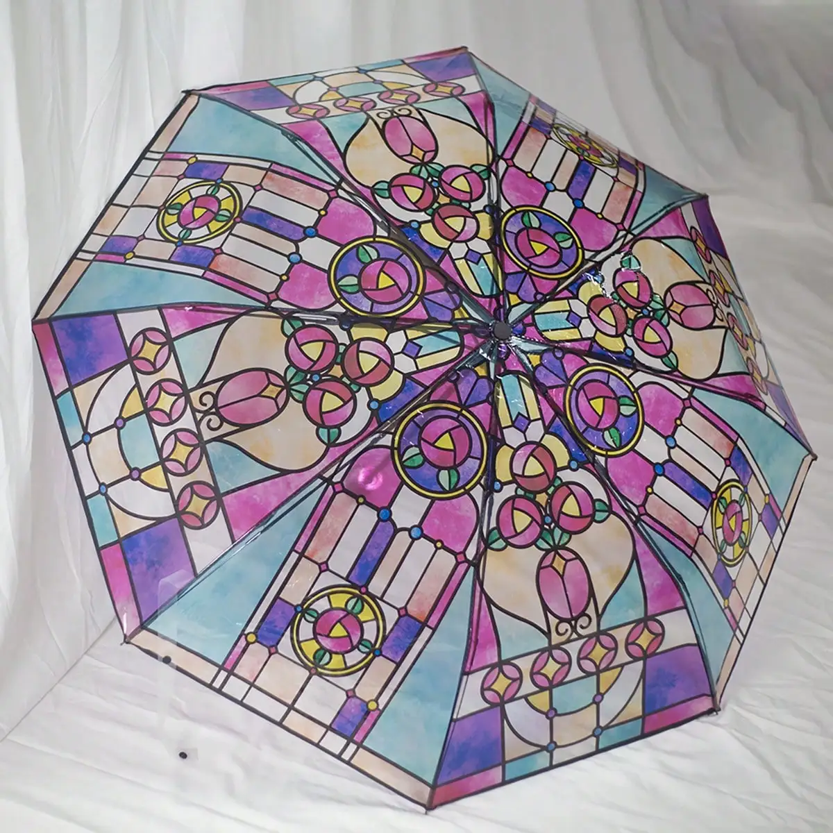 

Colorful Stained Glass-Inspired Transparent Umbrella – Vintage Retro Window Flower & Romantic Poetry Design, Automatic & Manual Open/Close, Foldable & Compact For Travel, Waterproof & Windproof, 8-Rib Durability (Fiberglass/Aluminum Alloy Frame)