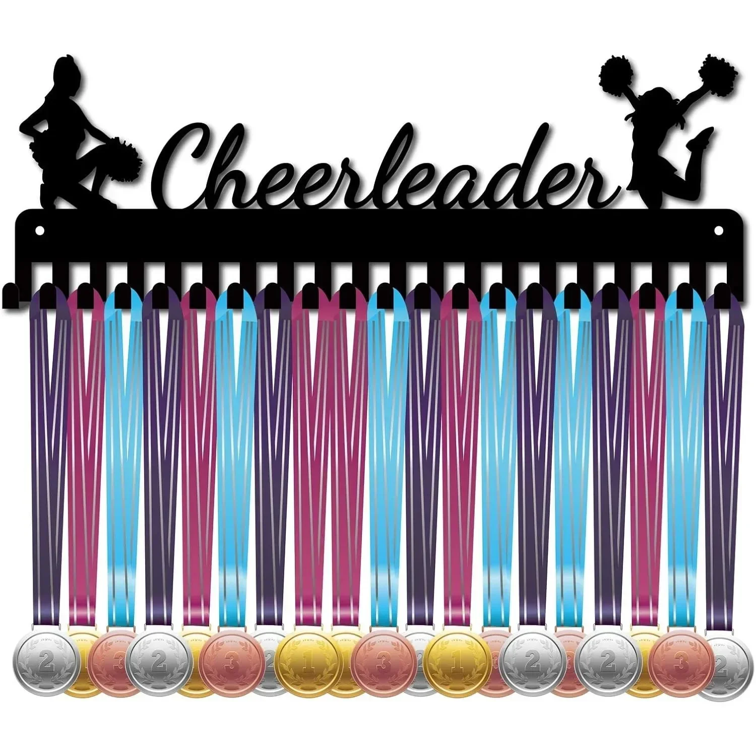 1pc 15.7x5.4 Inch Black Cheerleader Medal Hanger, Metal Wall Mount with 20 Hooks, Holds Over 60 Medals for Sports & Gymnastics
