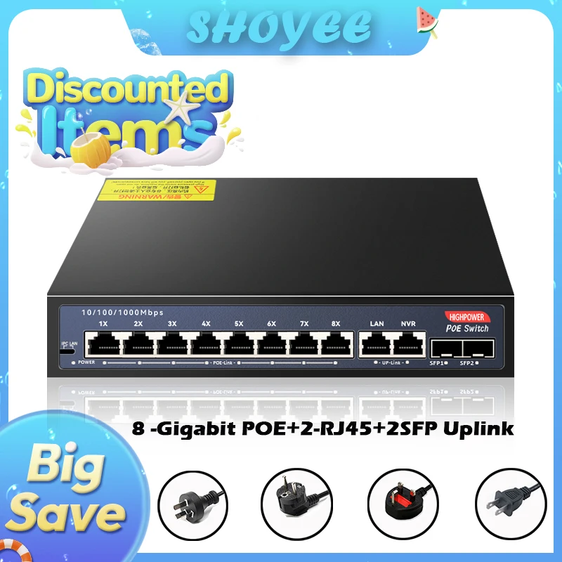 12-Port Gigabit Ethernet Switch with 8-PoE Ports and 2-RJ45 and 2-SFP Uplink Plug and Play