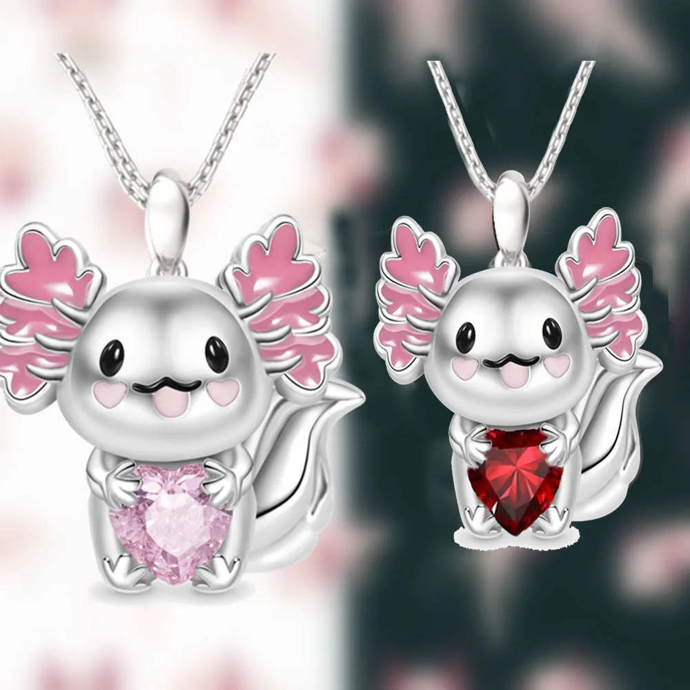 Girls Fashion Cartoon Embrace Pink Love Black Eyed Salamander Little Dragon Man Women\'s Necklace Pendant Birthday Gift Jewelry