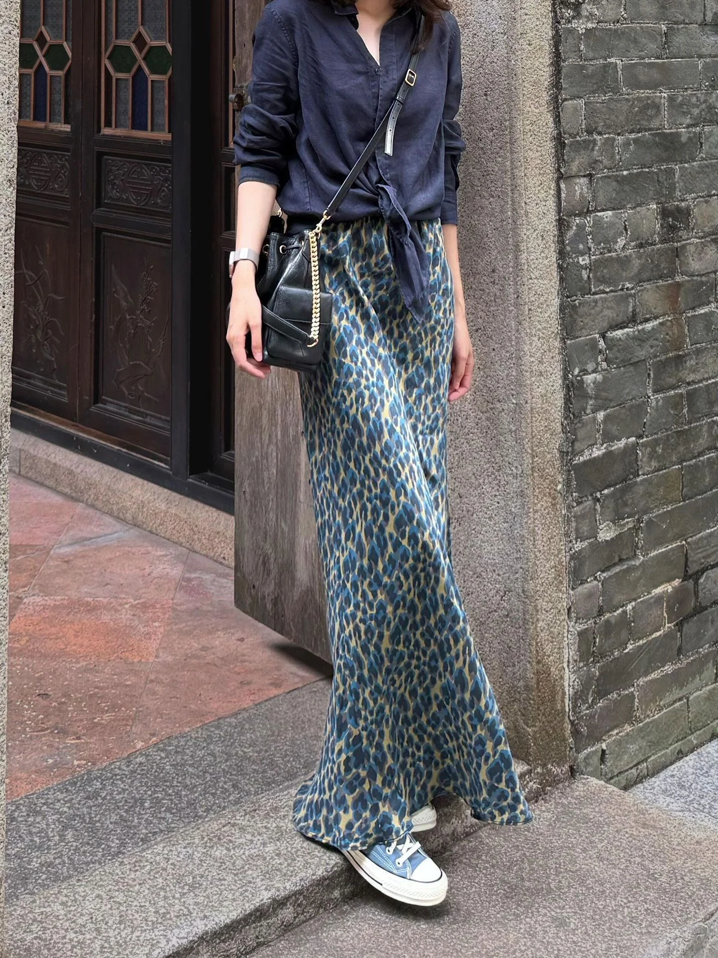 Retro Korean Style High Waist Velvet Print Skirt Women's Fashion Casual Loose Fit Long Leopard Print Half-length Skirt