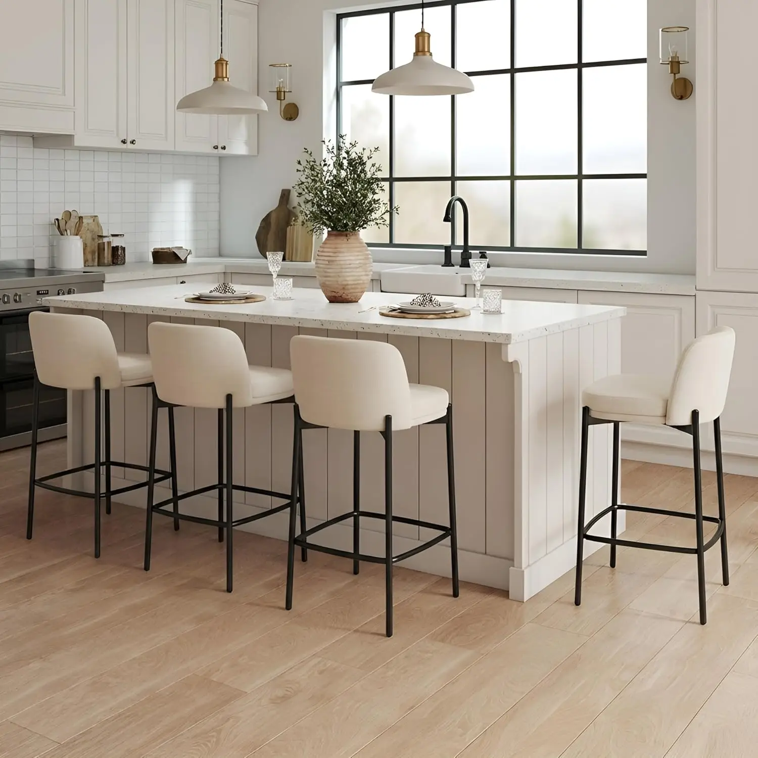

26" Modern Linen Counter Stools Set Of 4, Beige Upholstered Counter Height Bar Stools With Comfy Back, High Dining, Customized
