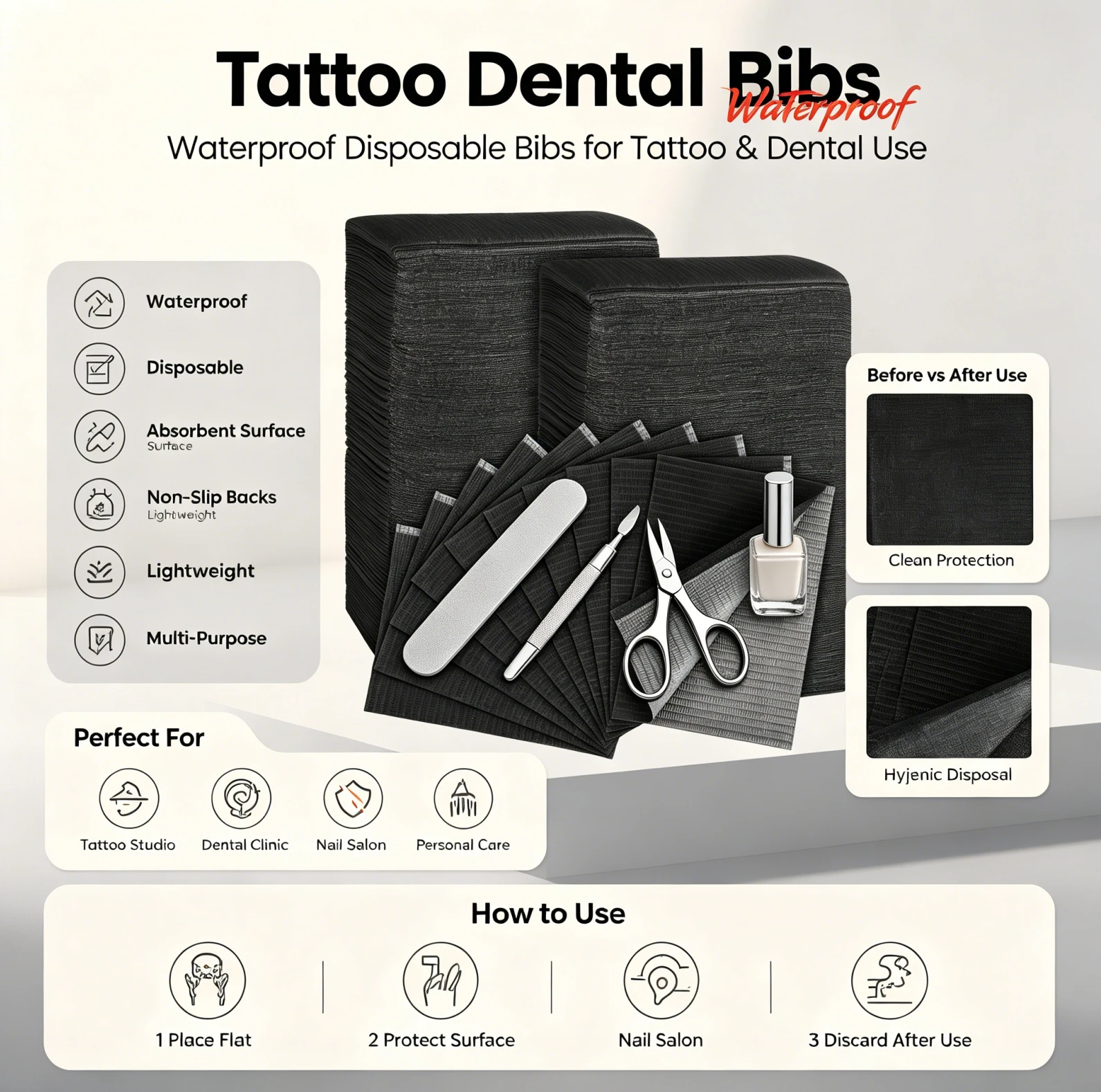 NARKASY 10/30/50/125/250PCS Disposable Tattoo Clean Pad Black Tattoo Bib Table Covers Clean Patient Dental Napkins Supplies