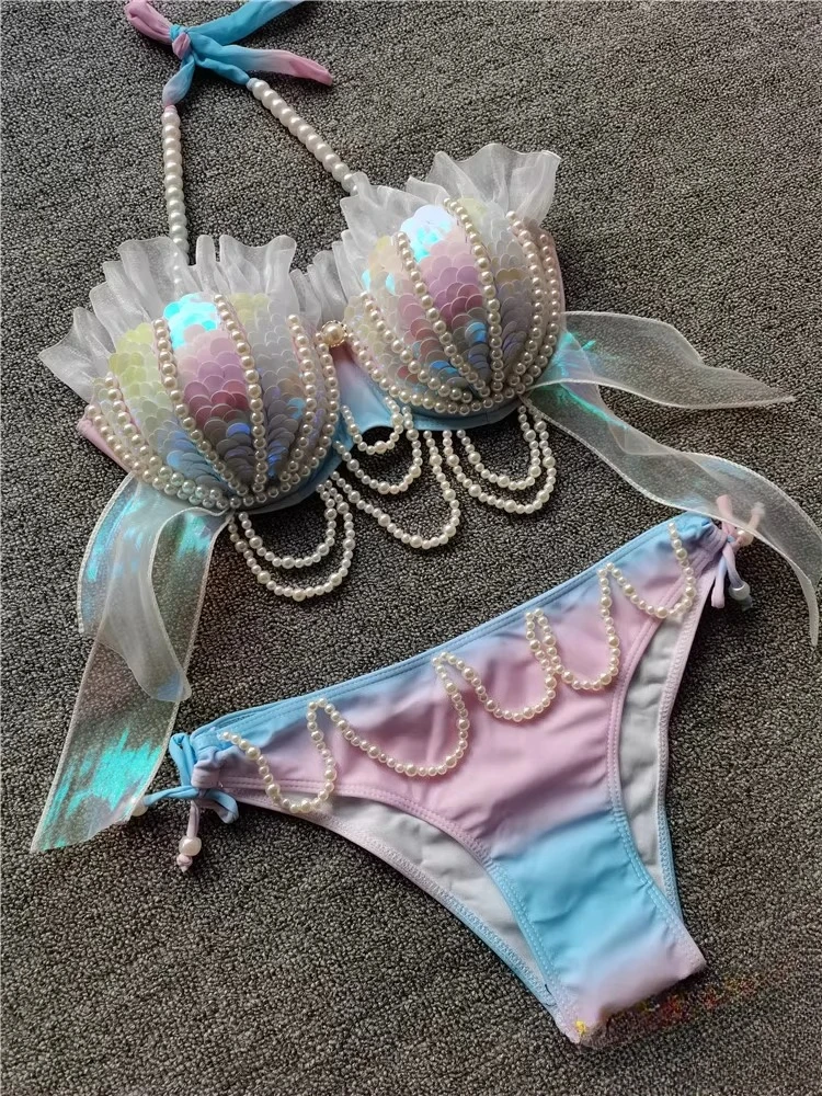 2025 New Mermaid Sequined Bikini Swimsuit Free Diving Show Aquarium Electric Music Festival Bra Bar Cos Cosplay Costume