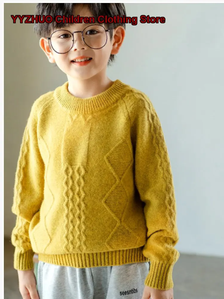 Boys Turtleneck Cable Knit Cashmere Knit Top Solid Color Warm Little Kids Round Neck Older Kids