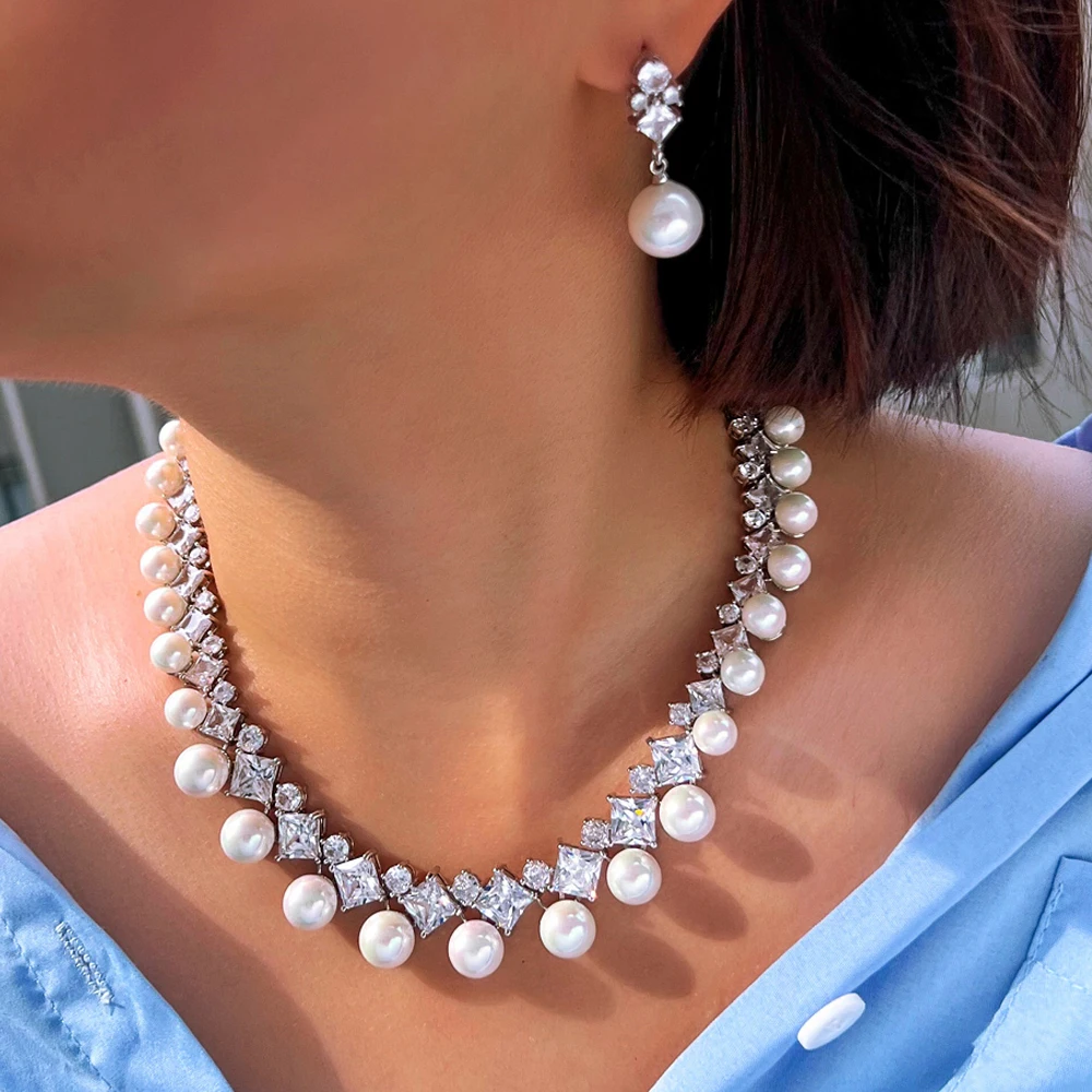 ThreeGraces Luxurious Shiny Square Cubic Zirconia Big Simulated Pearl Bridal Wedding Party Statement Jewelry Set for Women T1076