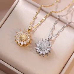 Shiny Rotatable Sunflower Daisy Pendant Necklaces for Women Girls Sweet Stainless Steel Chain Jewelry Accessories Gifts
