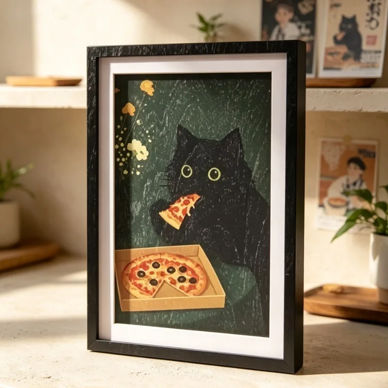 Exquisite Mini 3 Layer Photo Frame Fridge Magnet Black Cat and Pizza Pattern Fun Home Decor Masterpiece Refrigerator Magnet Gift