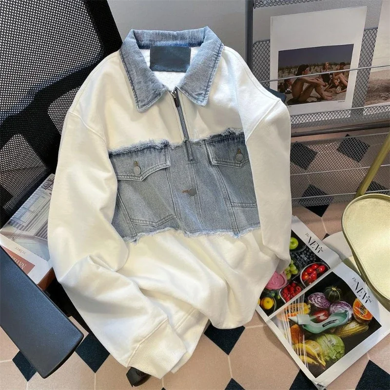 High Street Denim Shirt Unisex Hip Hop Long Sleeved Sweatshirt Spring Autumn Loose Retro Lapel Half Zipper Top Denim Tops