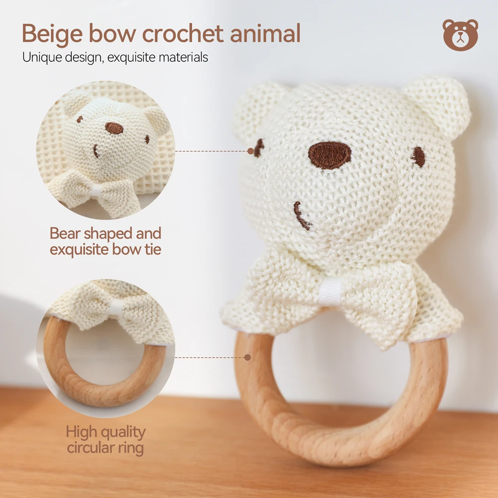 Beige Bow Crochet Animal Rattle Bear and Elephant Handmade Natural Wood Baby Rattle Toys Shake to Sound Easy Grasp Baby Gift