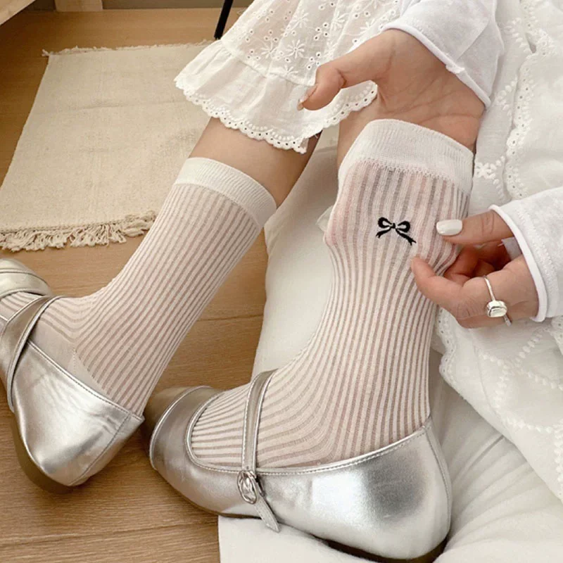 Cute Bow Crew Socks Women Summer Hollow Out Vertical Striped Mesh Socks Durable Stretchy Lolita Slouch Mid-Calf Socks Daily Wear