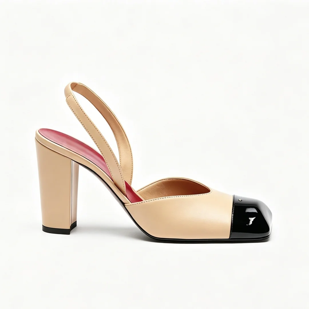 Rear Strap Thick Heel Toe Cap Women's Sandals Patent Leather Black And White Color Blocked Square Toe High Heels Women Classics