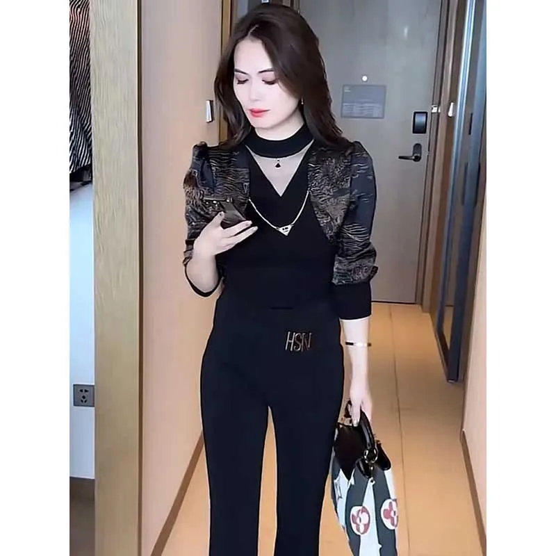 Fashion Printed Spliced Gauze Fake Two Pieces Blouses Women Clothing 2023 Autumn Winter Slim Office Lady Tops Puff Sleeve Shirts