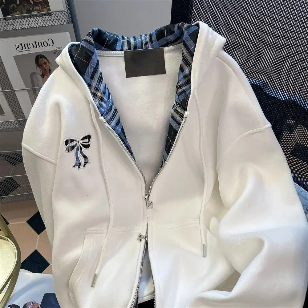 

Лоскутная клетчатая толстовка для мужчин и женщин, высококачественная куртка с капюшоном, кардиган, супер красивый бант с вышивкой