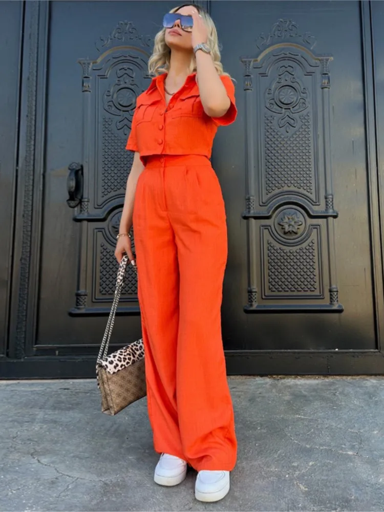 

Fashion Lapel Short Sleeve Short Top + Wide-leg Pants 2-piece Set For Women Summer Elegant Solid Color Loose Office Suit Female