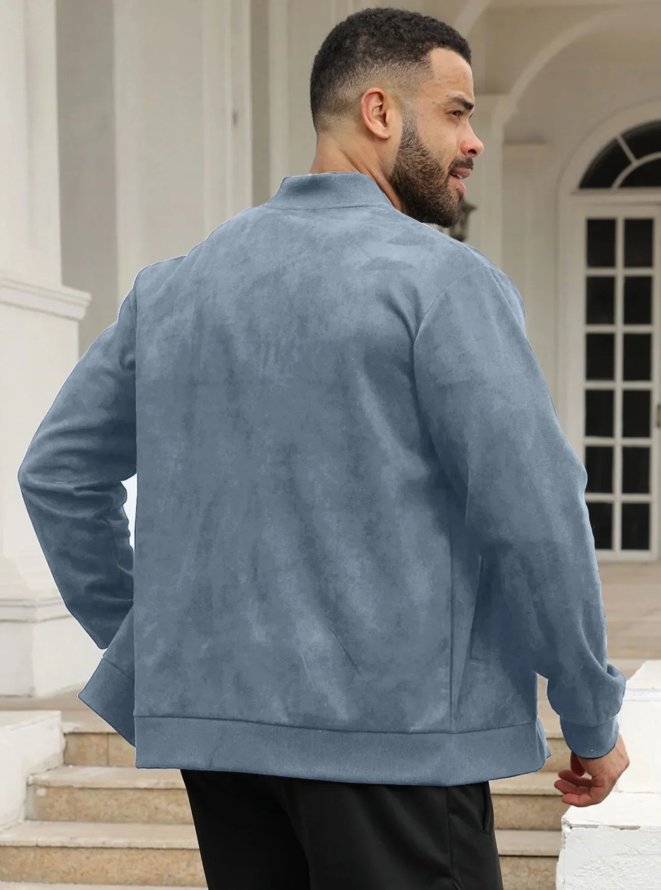 Herren-Wildlederjacke mit durchgehendem Reißverschluss, Stehkragen, lässig, langärmelig, einfarbig, leichte Streetwear-Oberbekleidung – Detail 19