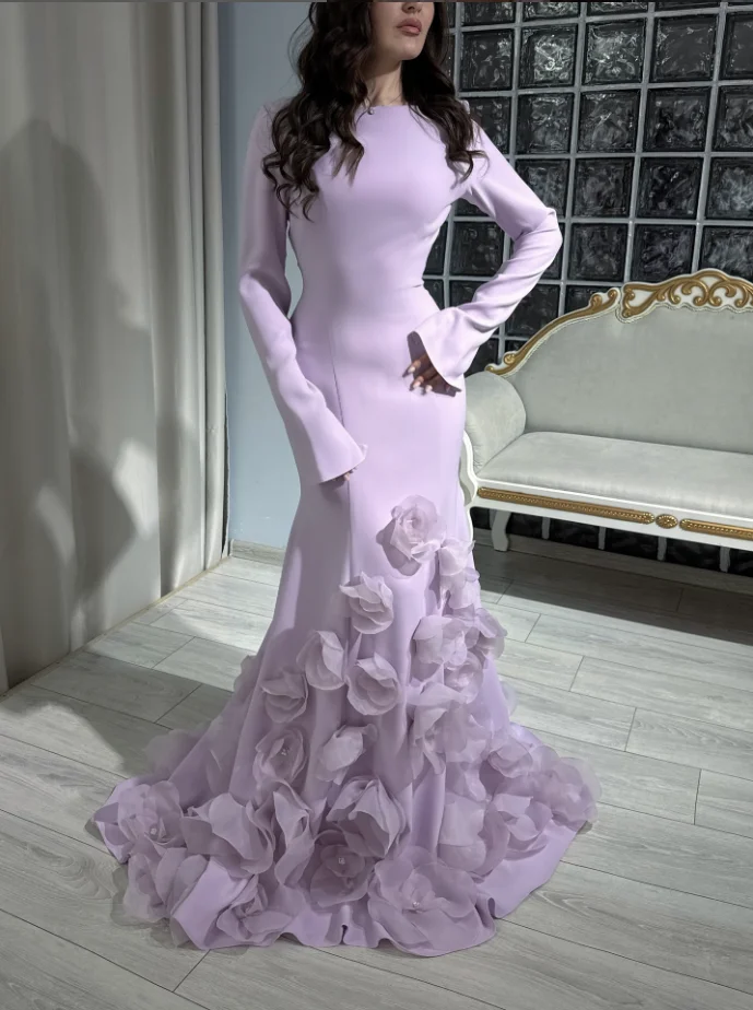 

Lilac Lavender Mermaid Evening Formal Dresses 3D Floral Long Sleeve Saudi Arabic Prom Gala Gown Customsized Jersey Bespoke