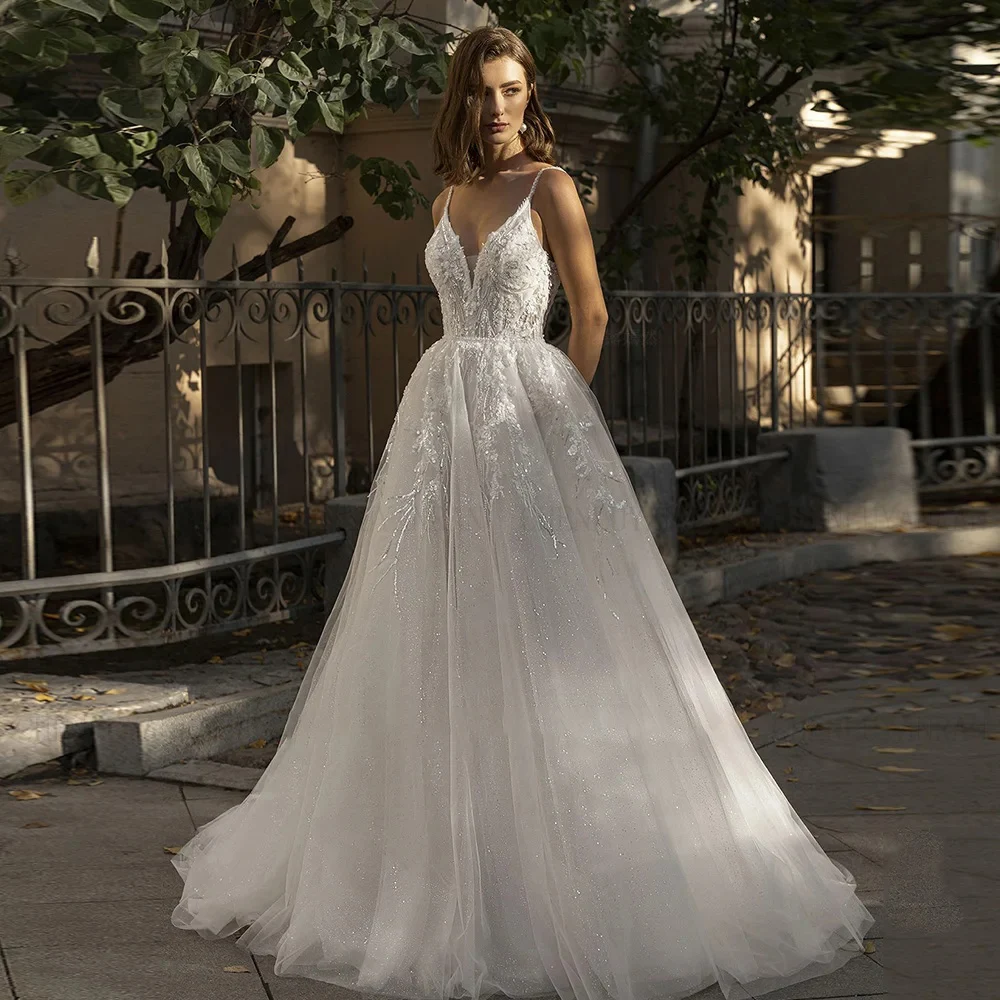 Luxury A Line Wedding Dress2024 Customized V-neck Sleeveless Sexy Tulle Bridal Gown Women Backless Lace Appliques Marriage Dress