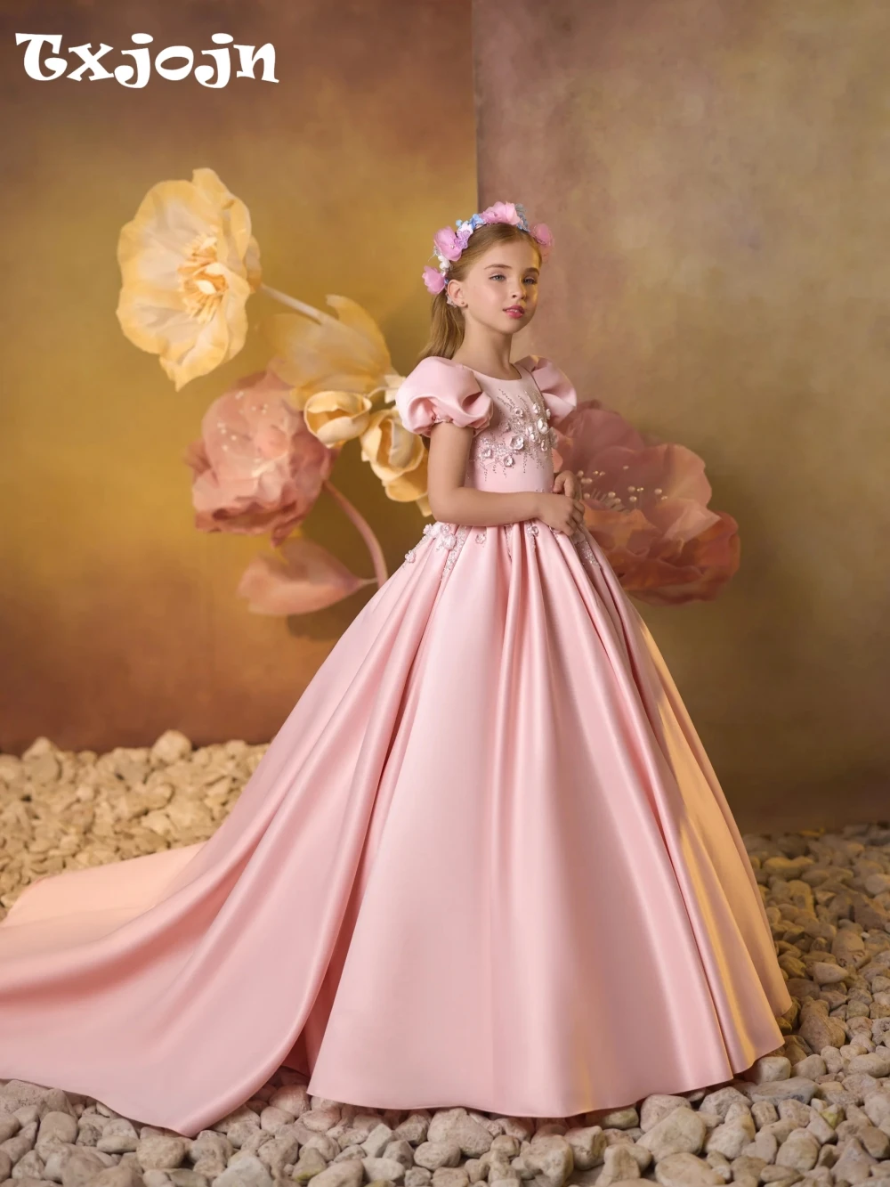 Cute Sweet Pink Beaded 3D Flower Girls Dresses For Wedding Elegant Puff Sleeve A-line Satin Long Princess Gown Dancing Wear