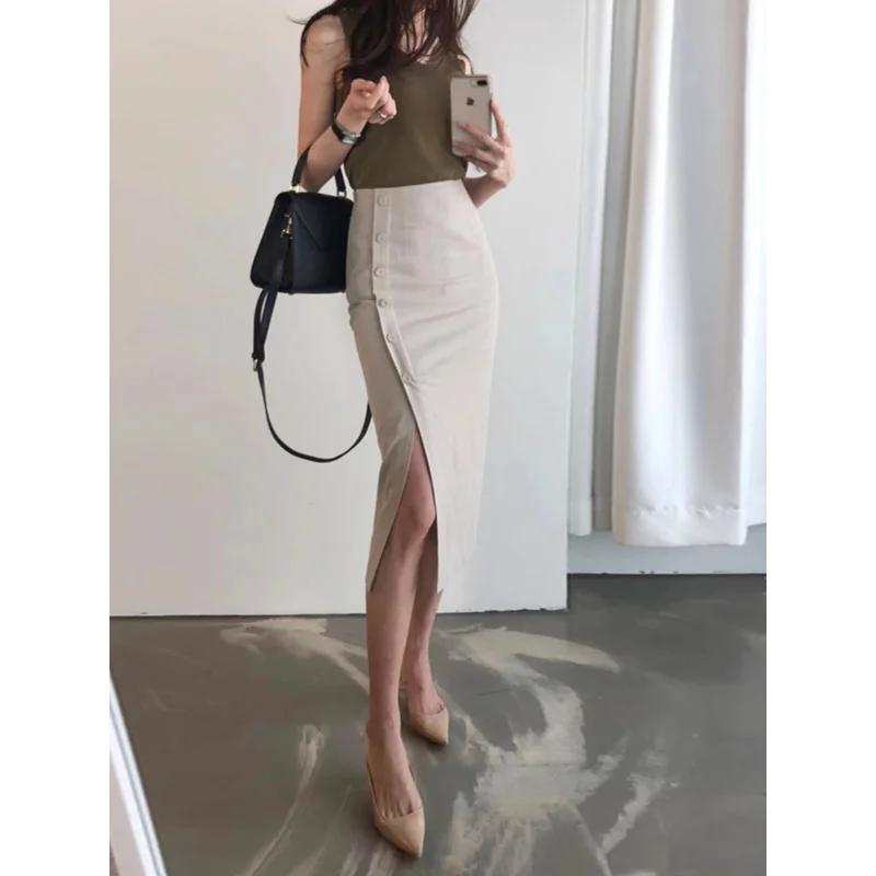 Women's Cotton and Linen Split Skirt2024New High Waist Drooping Skirt Small Temperament Mid-Length One-Step Hip Skirt