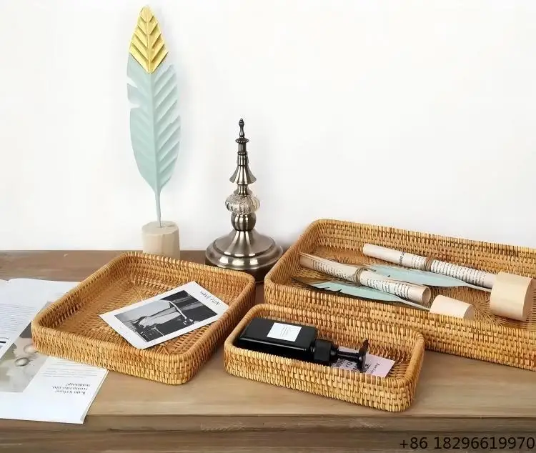 Japandi Style Rattan Woven Rectangle Storage Tray Set Handmade Desktop Organizer Box Sundries Container