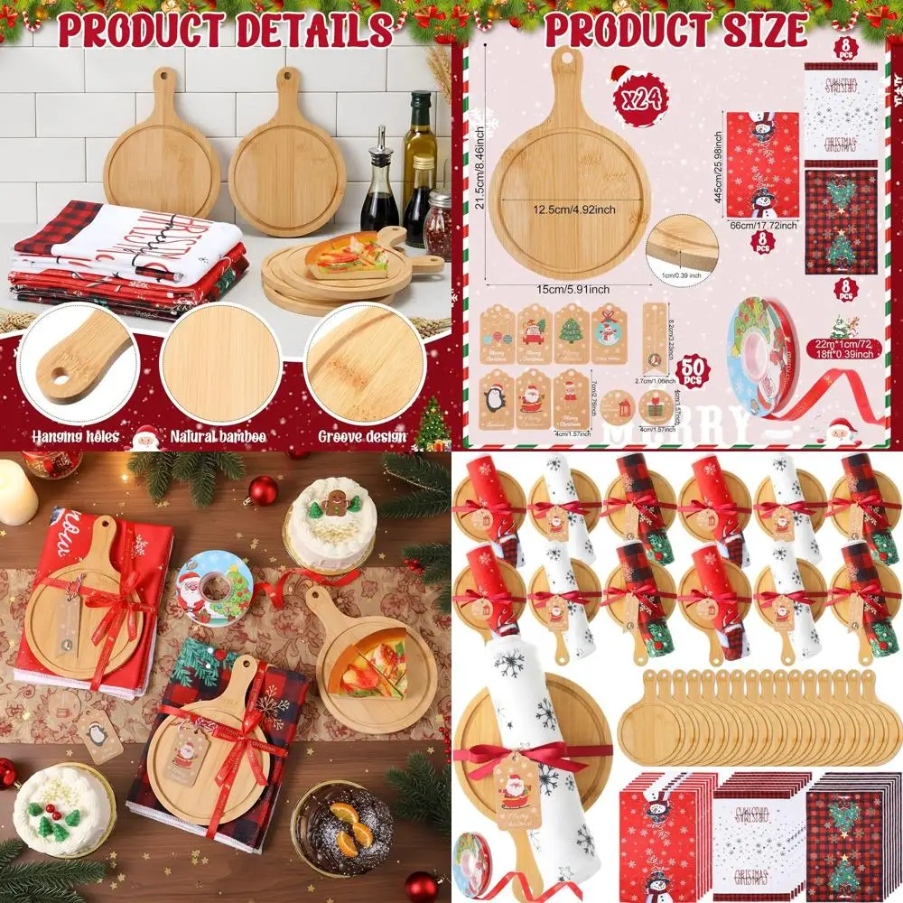 

Массовый рождественский подарочный набор: 24 деревянных доски для пиццы, 24 праздничных полотенца, 50 праздничных бирки, лента для вечеринок
