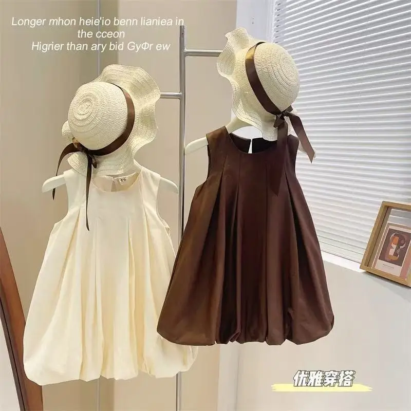 Summer Girls Dress Korean Style Simple Fresh Solid Color Puffy Bud Hem Princess Dress In Stock for 80-130cm